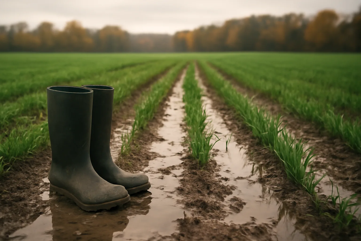 Wet food plot with standing water between rows of young wheat at dawn