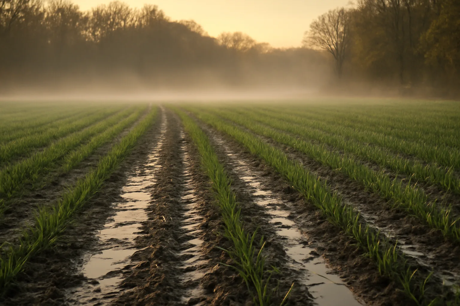 Saturated food plot field with standing water between rows of young cereal grain