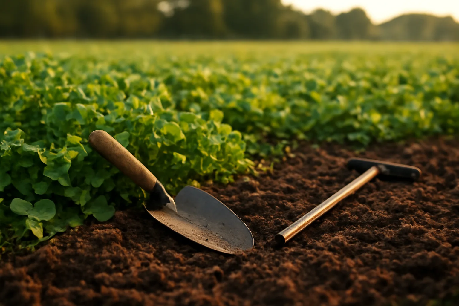 Soil probe and turned earth beside a green clover food plot at dusk