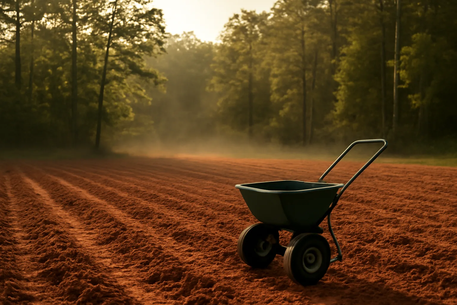 Freshly tilled red clay food plot edge bordered by Alabama pine and hardwood forest at dusk