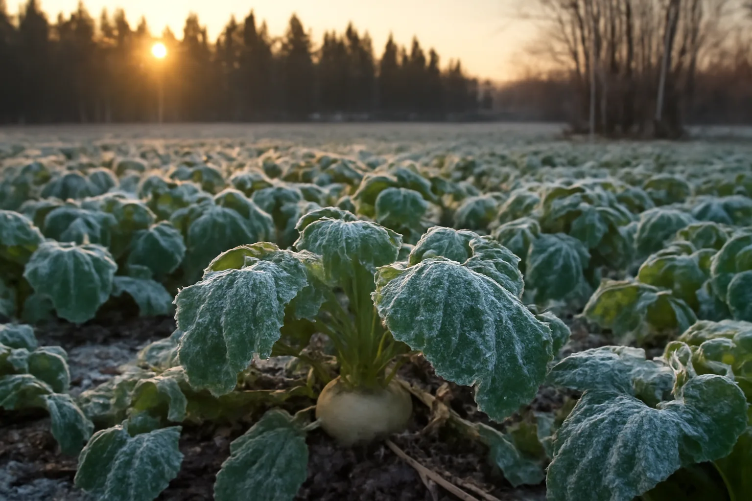 Frost-covered turnip food plot at sunrise surrounded by pine and birch trees in northern Wisconsin