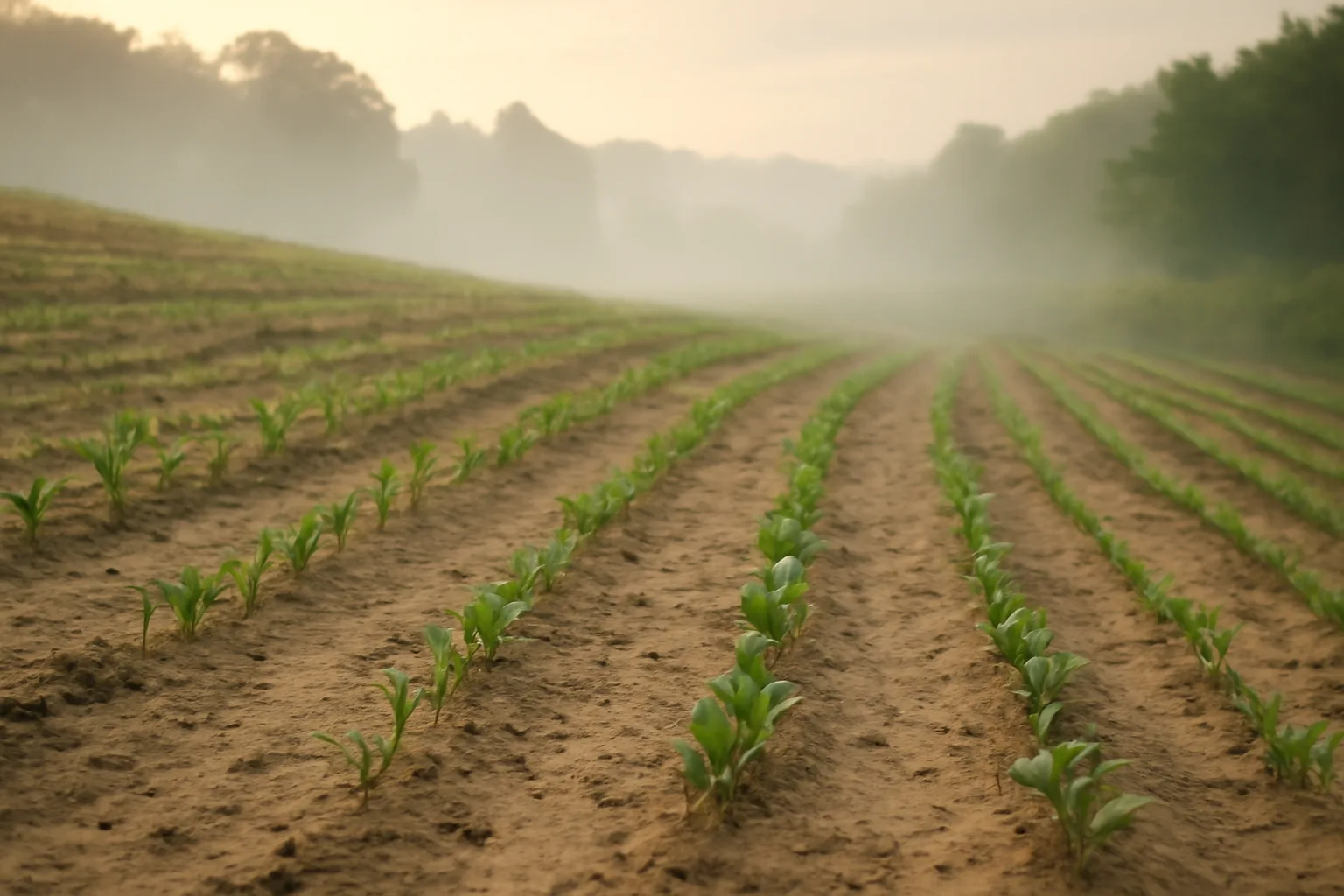 Young cereal grain and turnip seedlings emerging from thin, sandy poor soil food plot at dawn