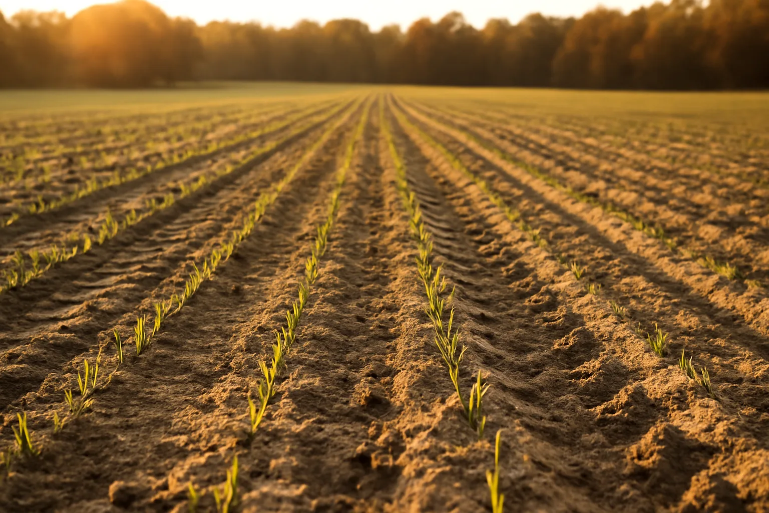 Cereal rye seedlings emerging from sandy soil in a food plot field