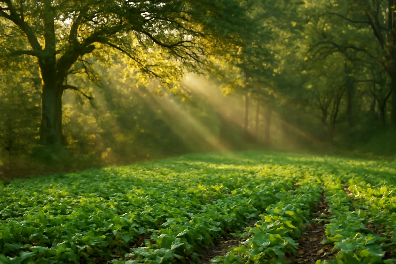 Sunlight breaking through oak canopy onto a shaded food plot planting