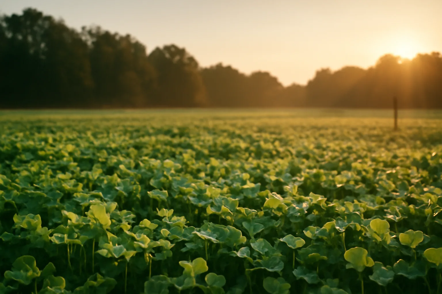 Dew-covered clover food plot in early morning light near a tree line