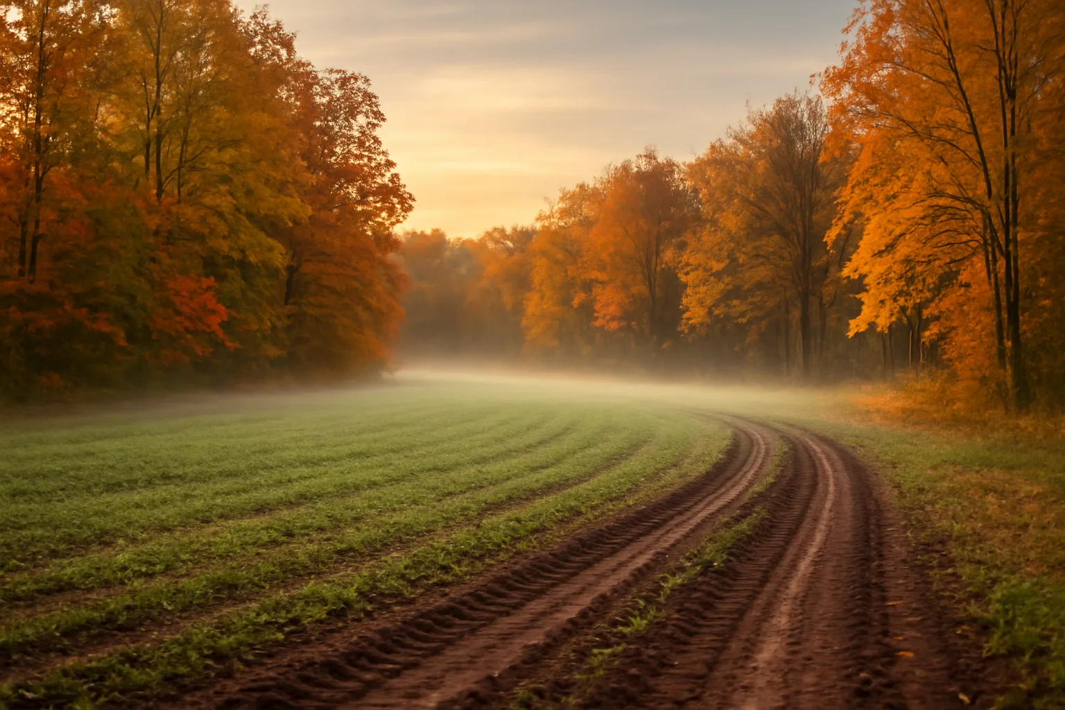 Freshly planted food plot clearing in autumn woods at golden hour