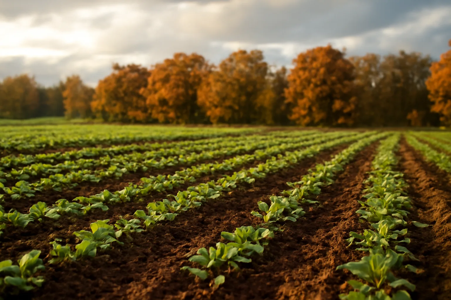 Freshly planted deer food plot with clover and brassica rows at dusk