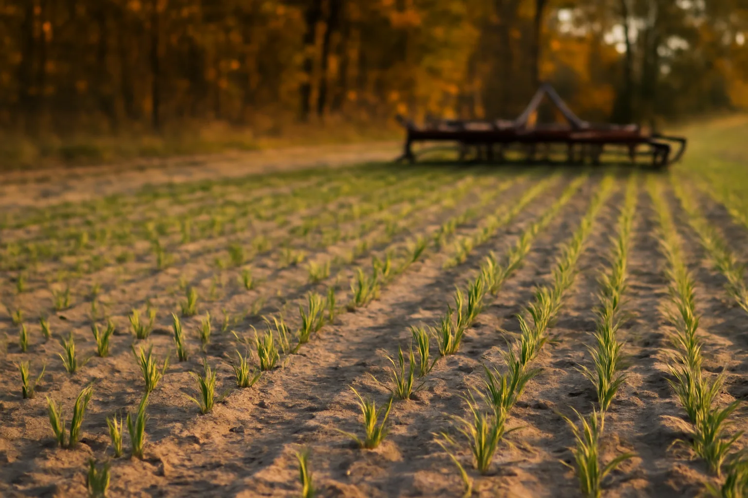 Sandy food plot soil with young cereal rye seedlings and a drag harrow at dusk