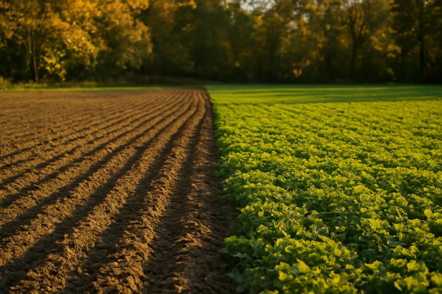 Food plot field with fresh clover growth bordering disced soil at dusk