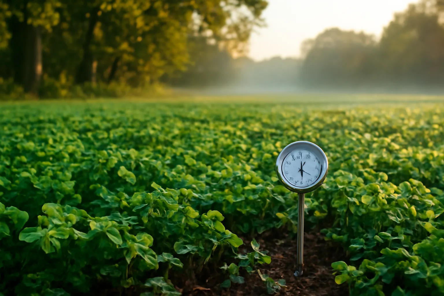 Dew-covered clover food plot at sunrise with a soil thermometer in the foreground