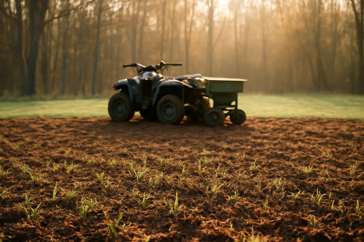 Spring food plot clearing with new clover growth beside timber at sunrise