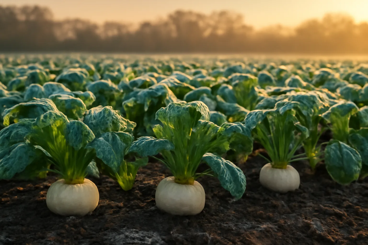 Frost covered brassica food plot with turnip leaves and bulbs at sunrise