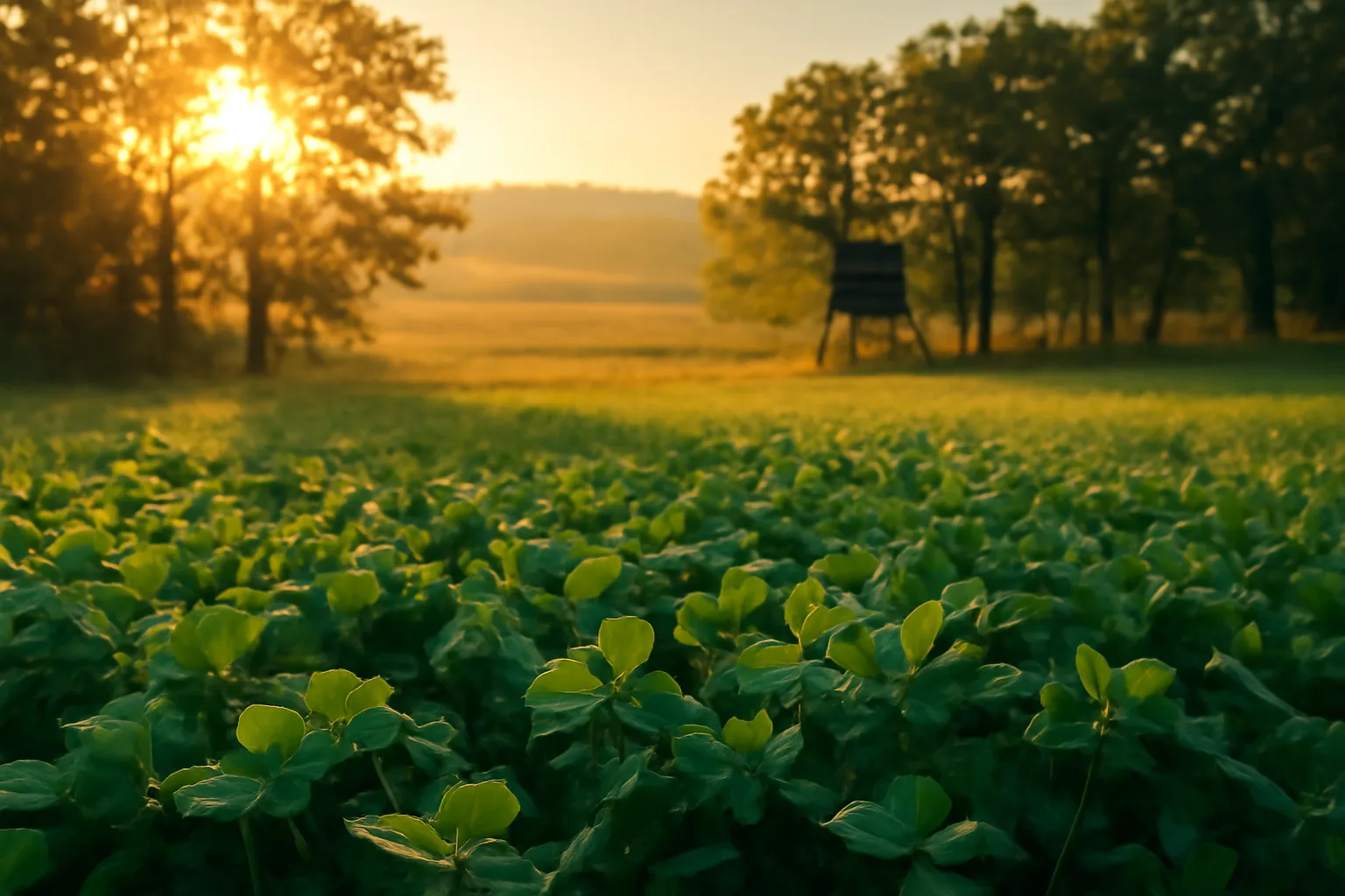 Sunlit clover food plot bordered by hardwoods with a distant tree stand in Missouri