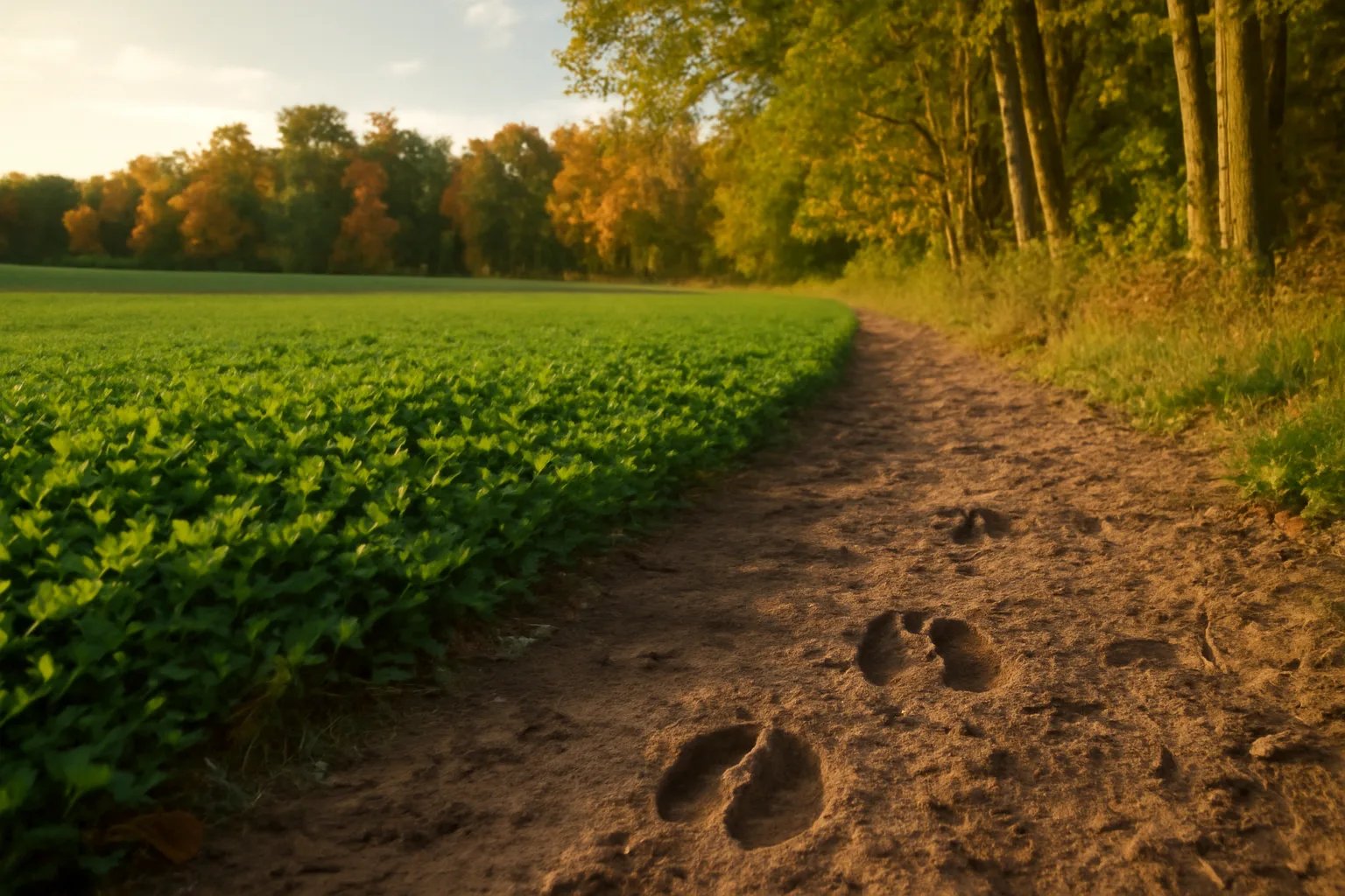 Clover food plot edge in Pennsylvania woods at golden hour with deer tracks