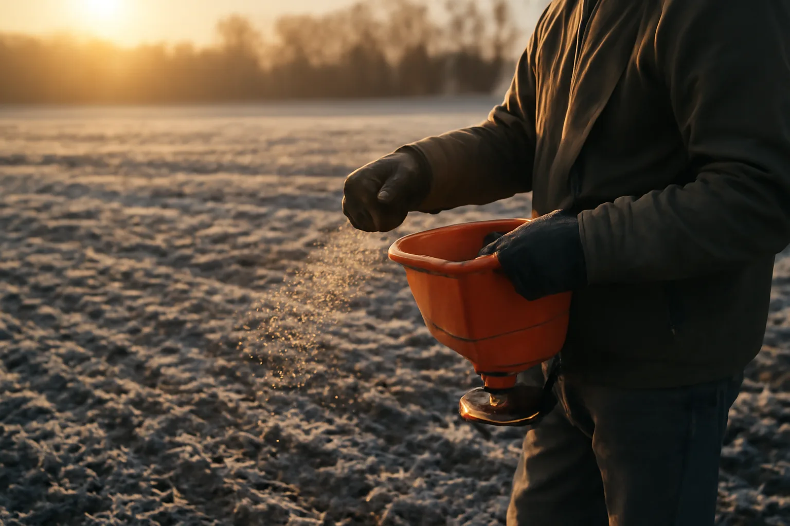 Hunter frost-seeding a thin clover food plot in early morning cold