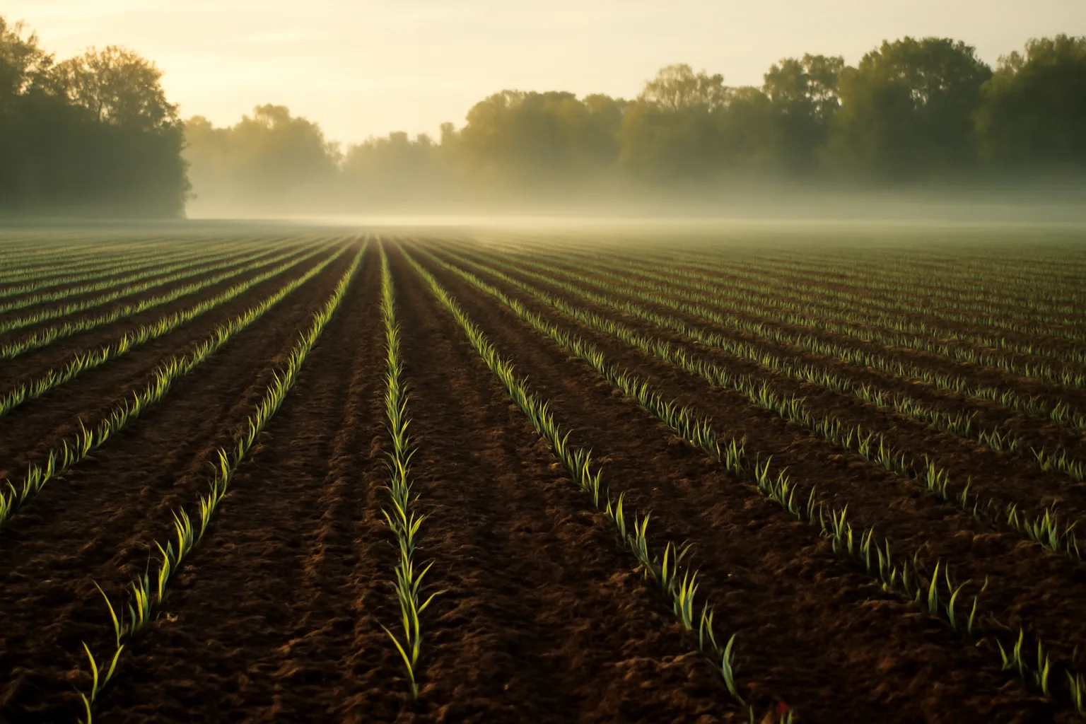 Rows of young cereal rye seedlings emerging in a fall food plot field at dawn
