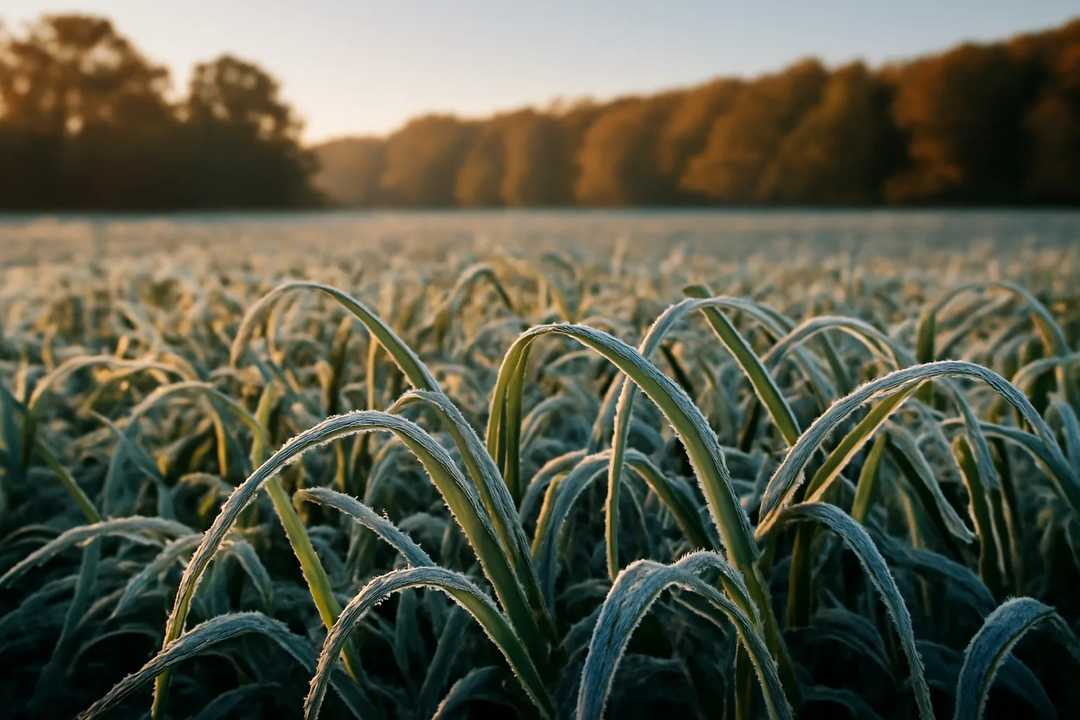 Frost on a green cereal rye food plot at sunrise near a wooded tree line