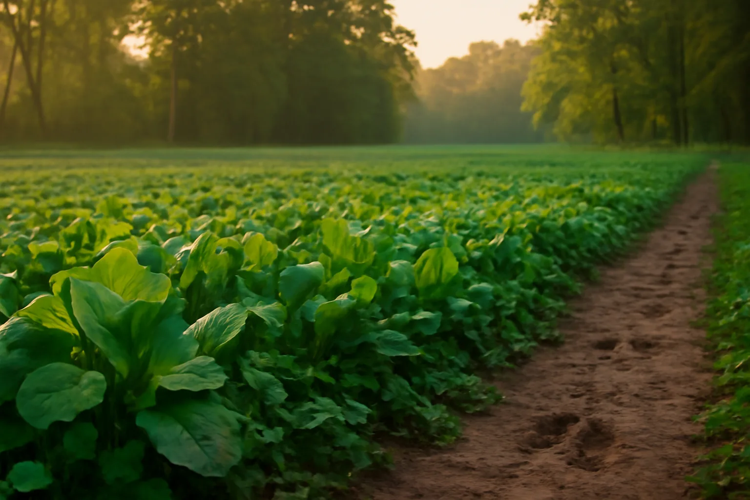 Perennial chicory food plot growing in a forest clearing at sunrise