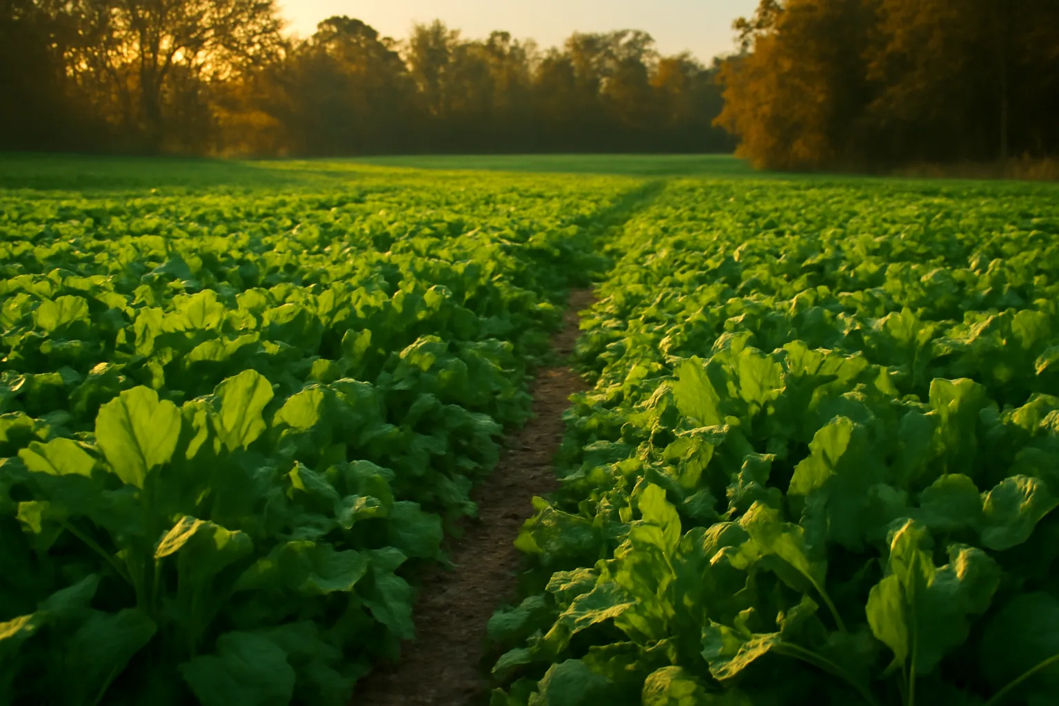Chicory and clover food plot glowing in late afternoon light near a wooded edge