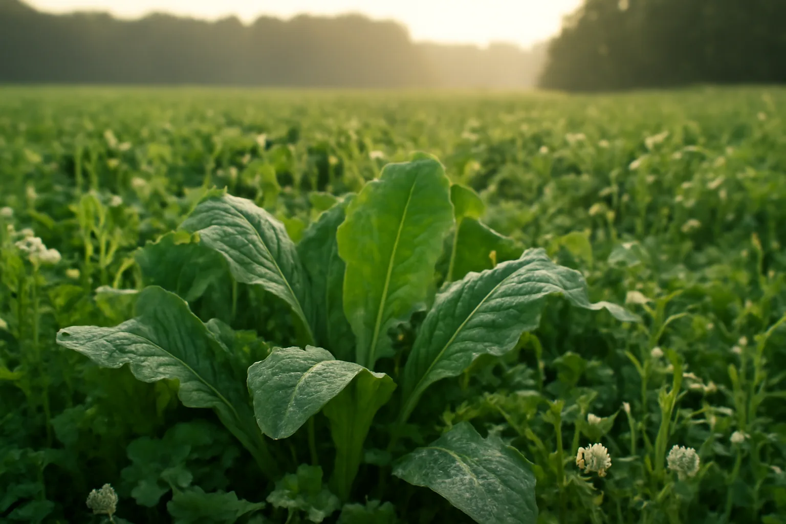 Dew covered chicory and clover food plot at sunrise near timber edge