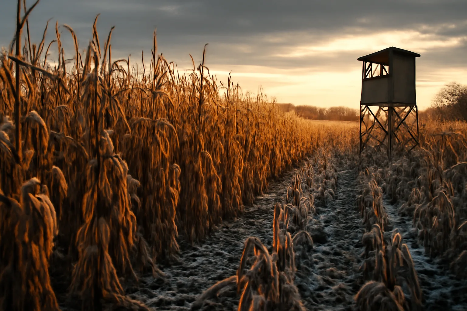 Standing corn food plot at frosty field edge with a wooden deer stand nearby