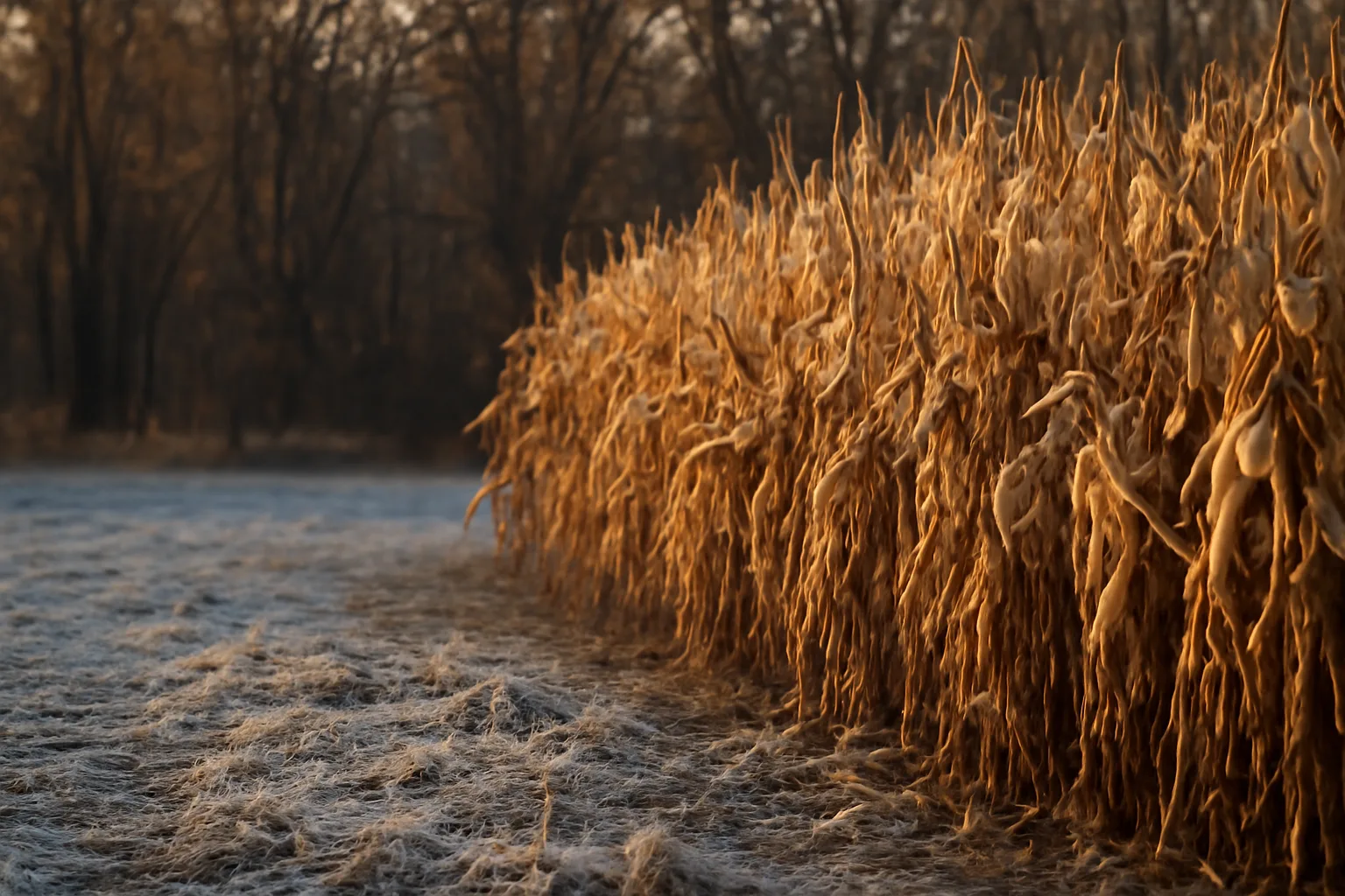 Standing corn food plot bordering winter hardwoods at golden hour