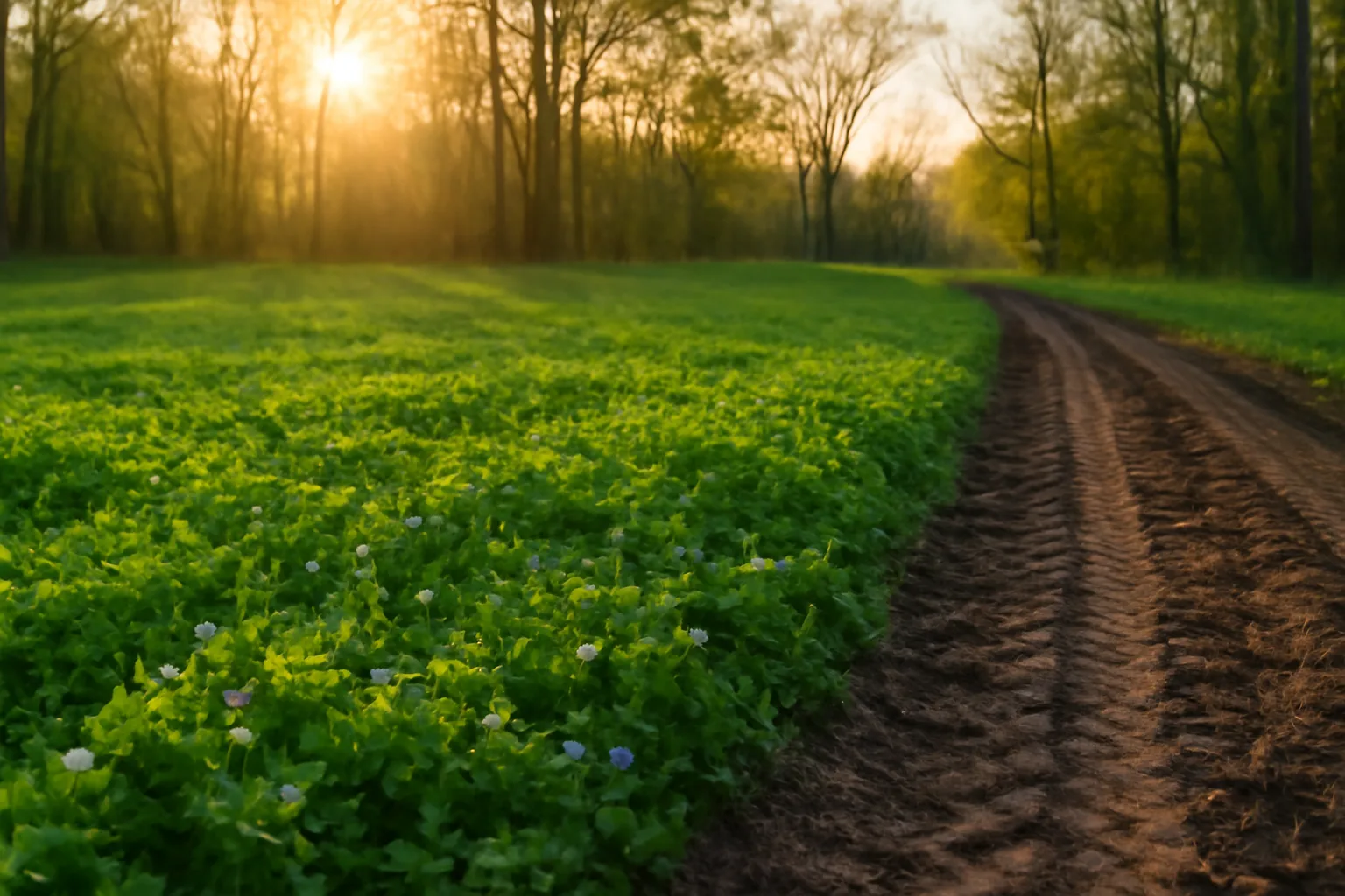 Clover and chicory food plot growing in a sunlit forest clearing
