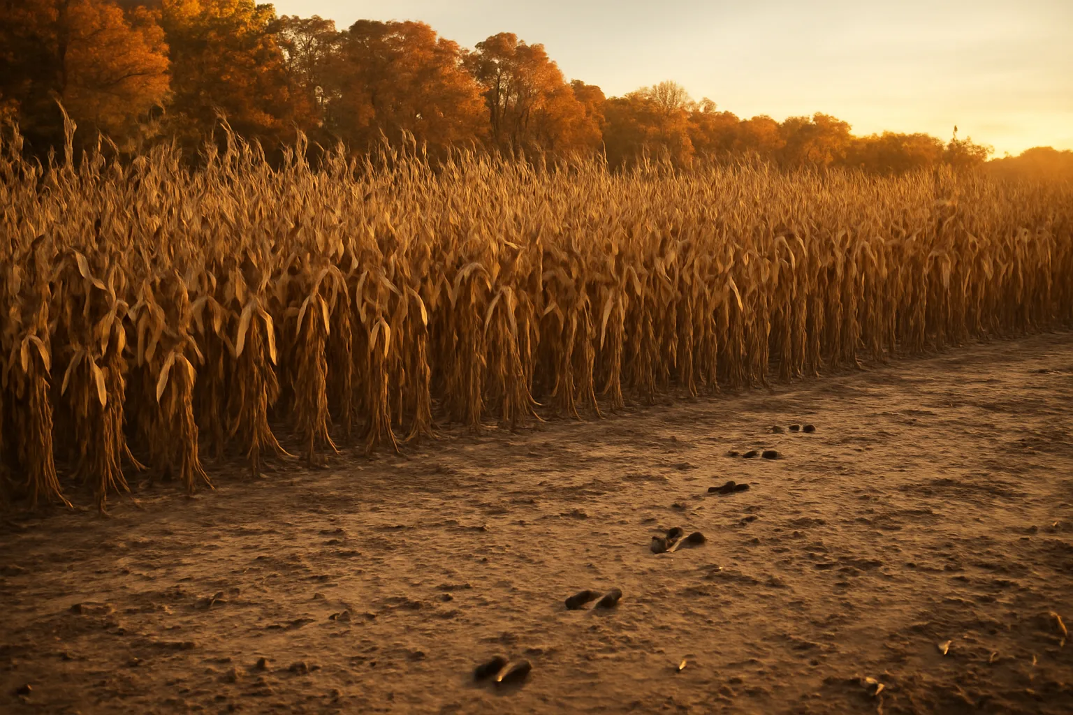 Standing deer corn seed plot at field edge with hardwood treeline in fall light