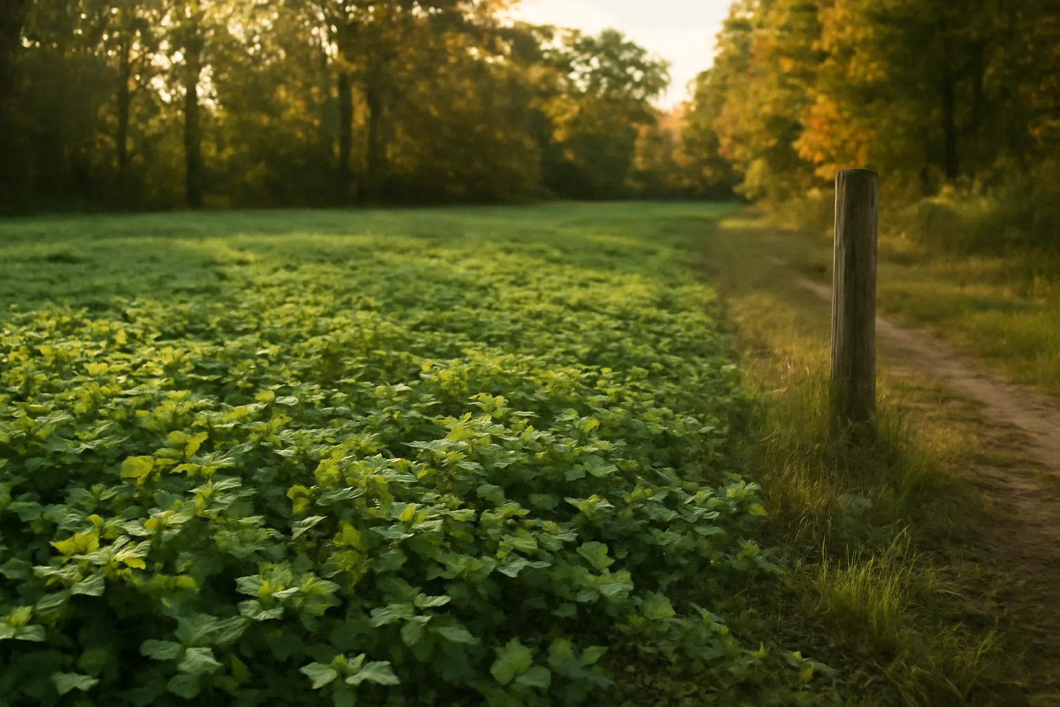 Green clover food plot bordered by autumn hardwoods in late afternoon light