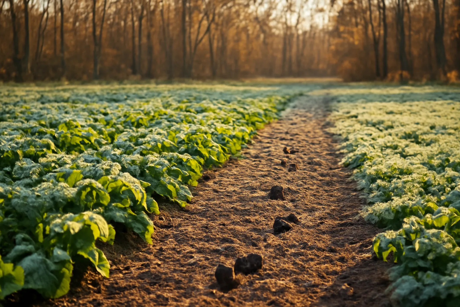 Frost-covered food plot with clover and turnip rows bordering autumn hardwood timber