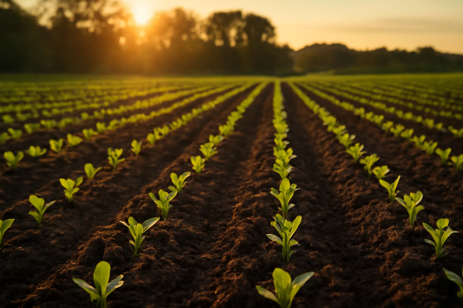 Freshly planted deer food plot seed rows in tilled soil at sunset