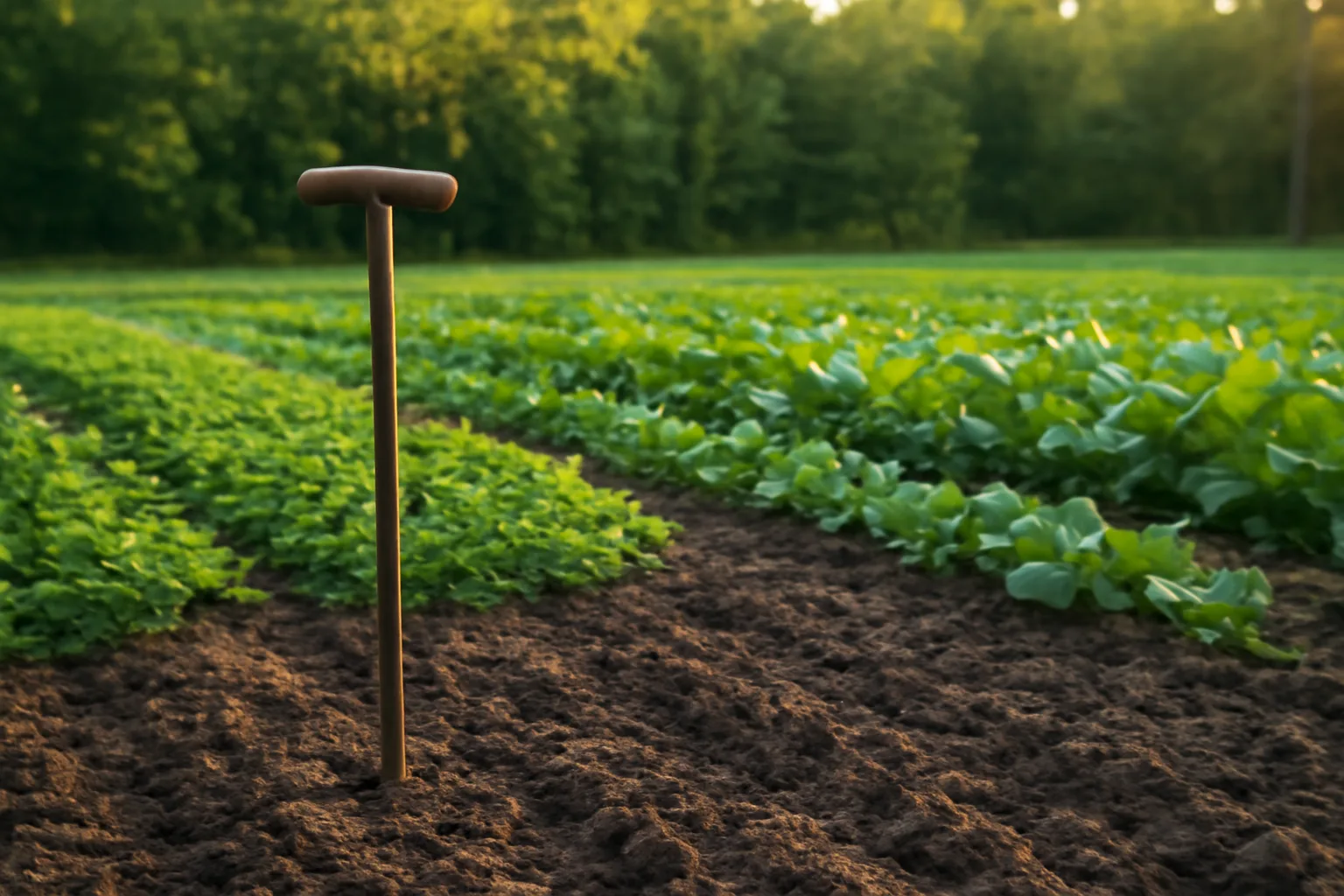 Food plot seed rows of clover and brassica with a soil probe in tilled ground