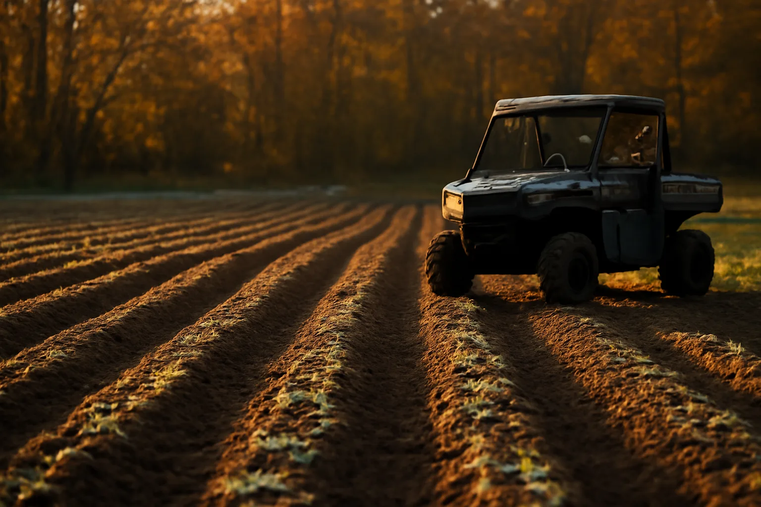 Freshly planted fall food plot field bordered by autumn hardwood timber at dusk