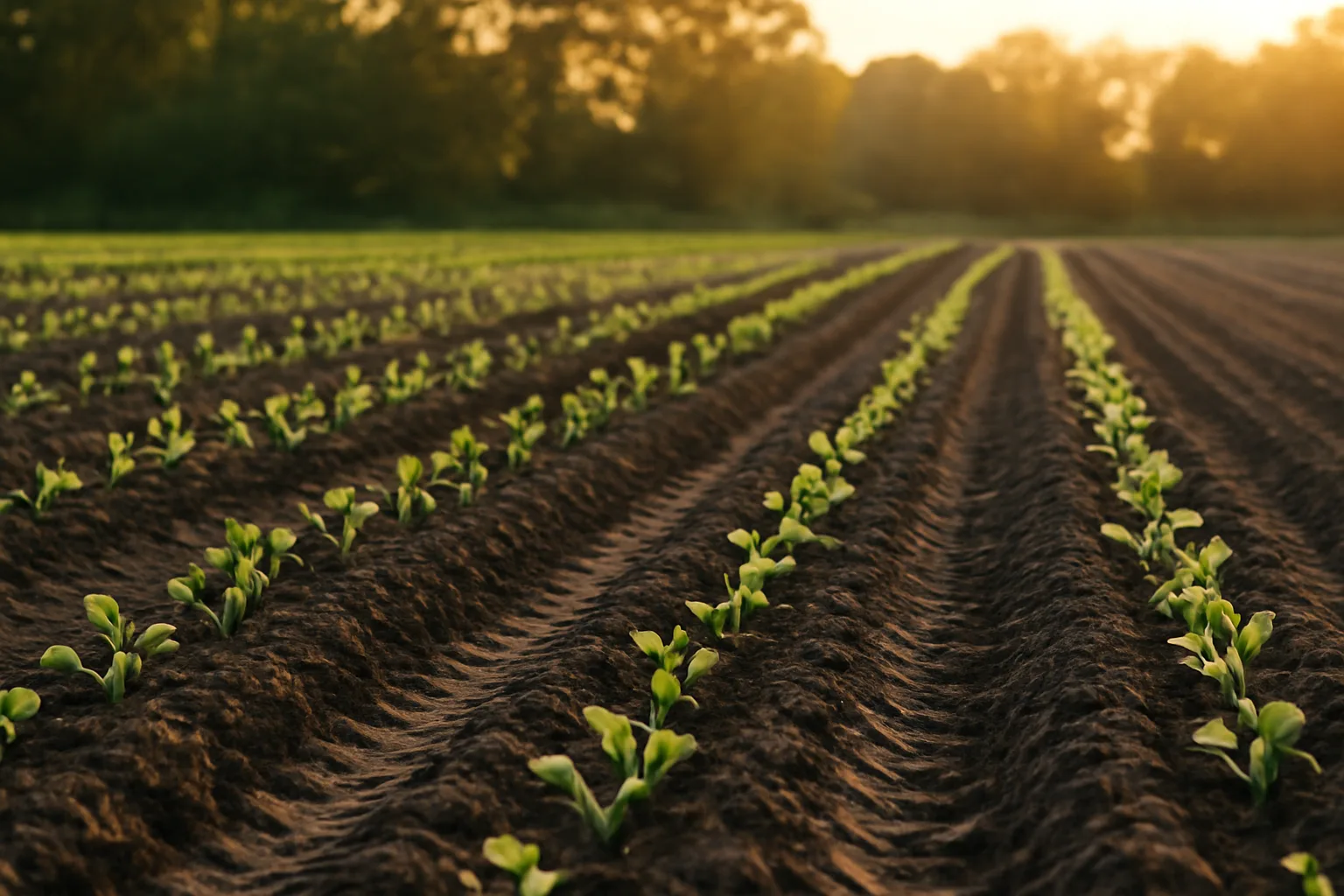 Young green seedlings emerging in a freshly tilled fastest growing food plot at dusk