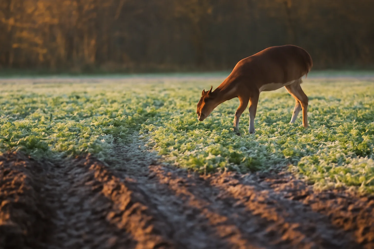 Whitetail doe grazing a frost-covered turnip and clover food plot at dusk