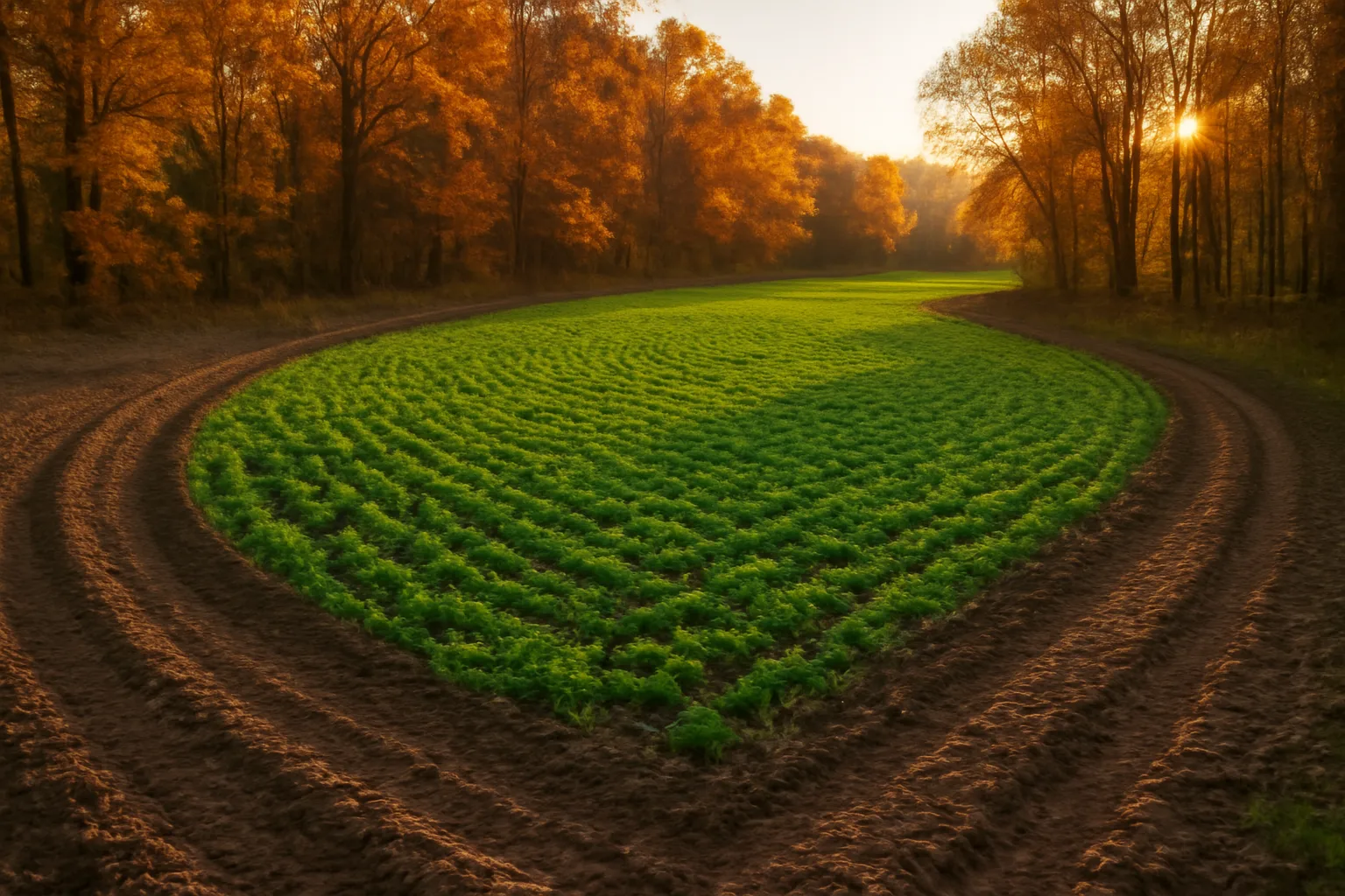 Curved food plot design cut into fall woods with clover and brassica rows