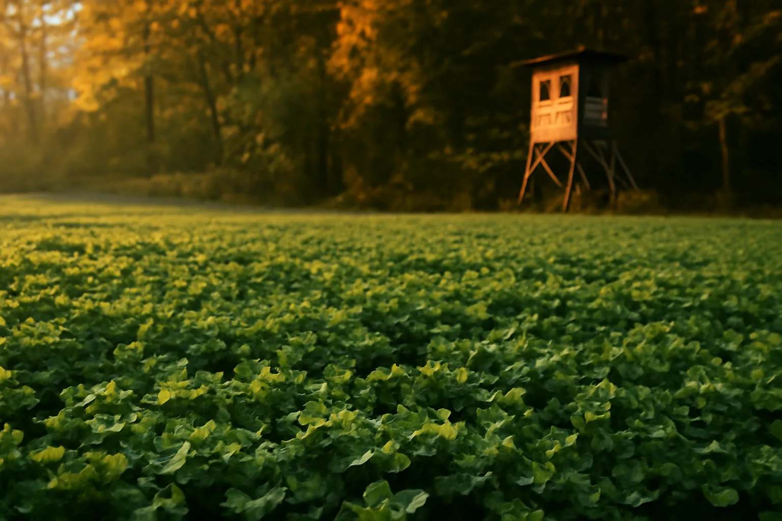 Food plot hunting setup showing a clover plot bordered by woods at dawn