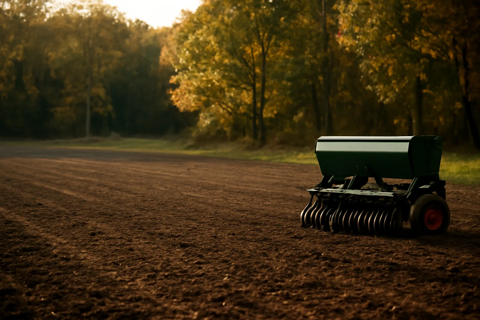 Freshly tilled deer food plot bordered by autumn hardwoods at dusk