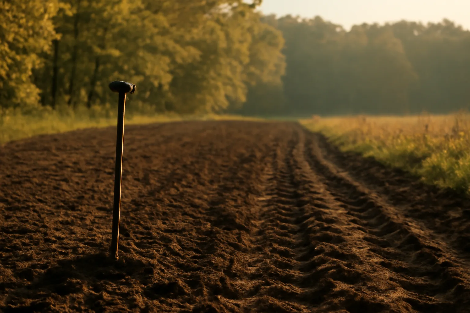 Freshly tilled food plot soil at forest edge with soil probe in late afternoon light