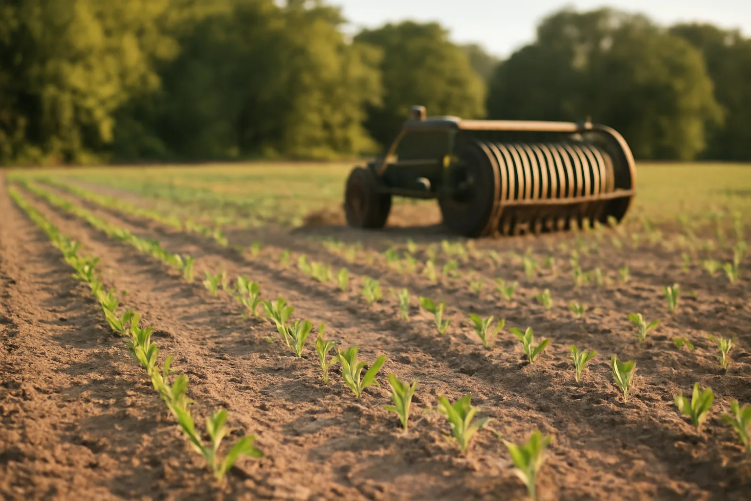 Sandy soil food plot with young seedlings and cultipacker at the field edge