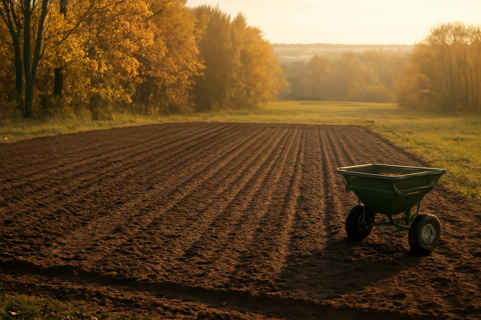 Freshly tilled deer food plot bordered by autumn hardwoods at golden hour