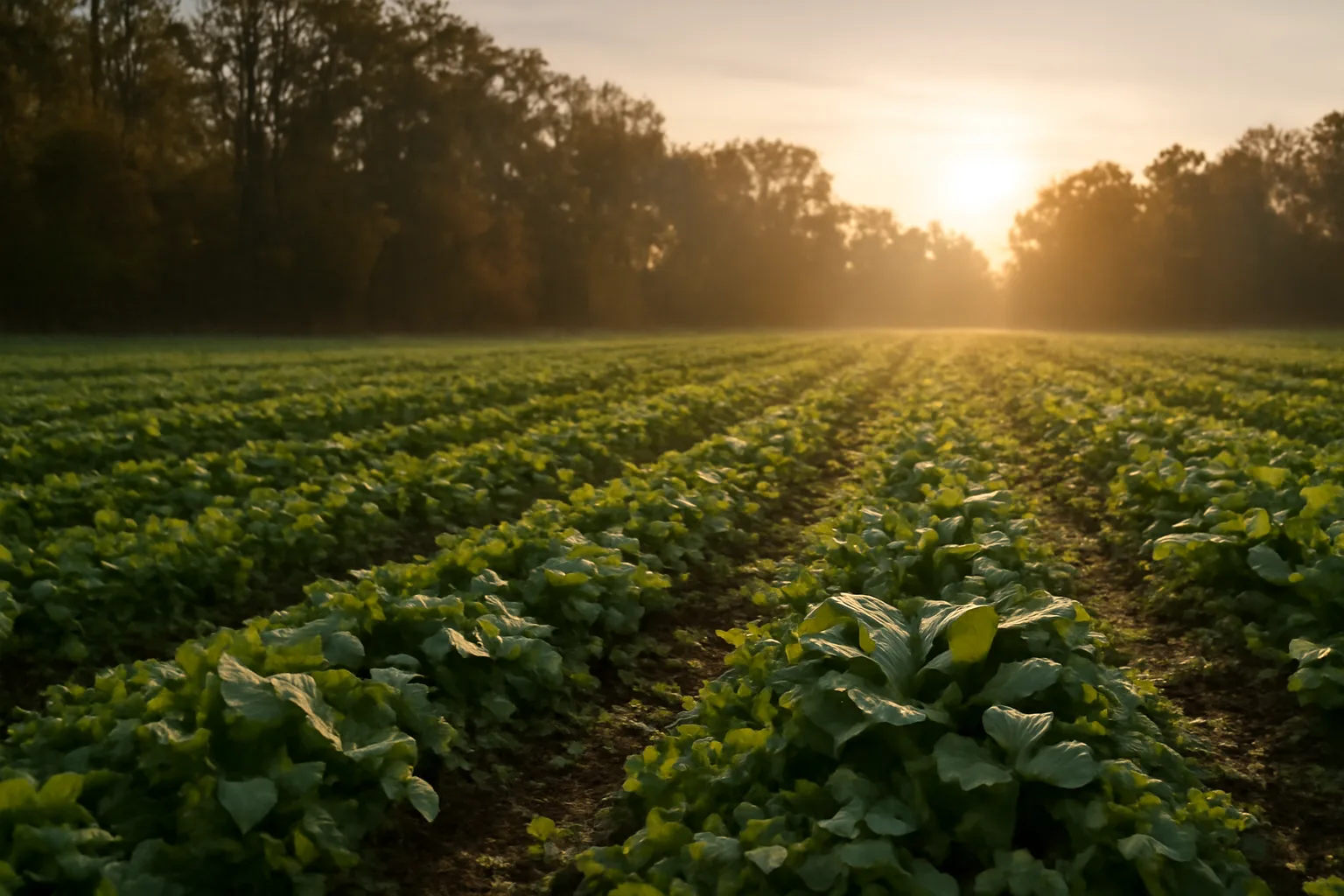 Food plot seeds for whitetail deer growing in a green field at sunset