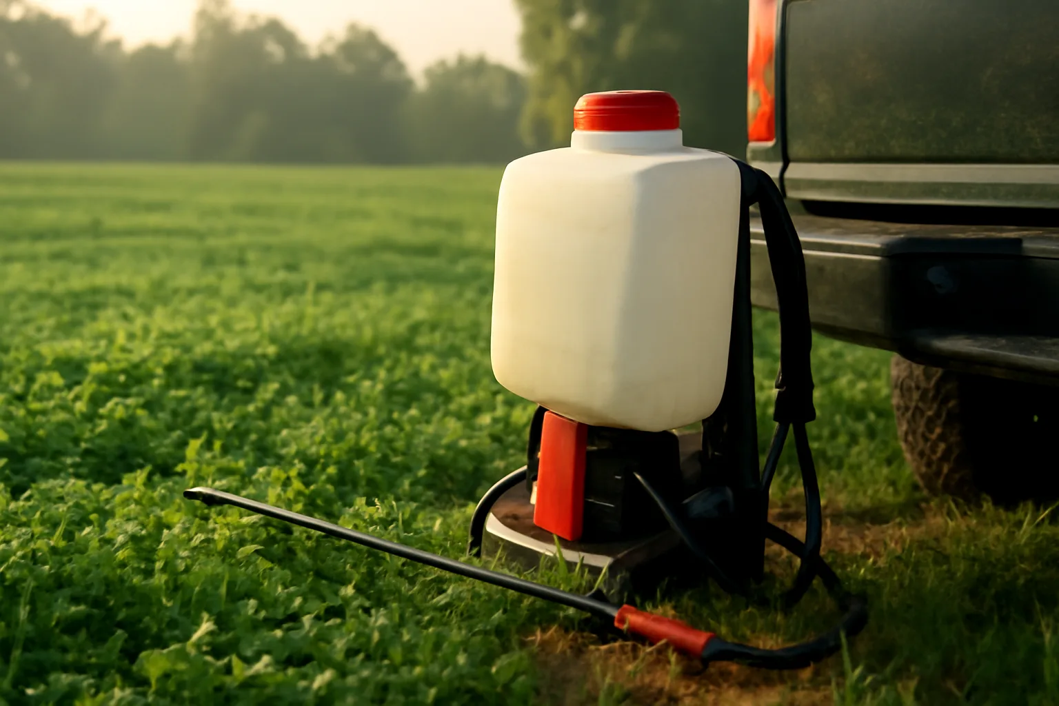 Backpack sprayer beside a clover food plot in early morning light