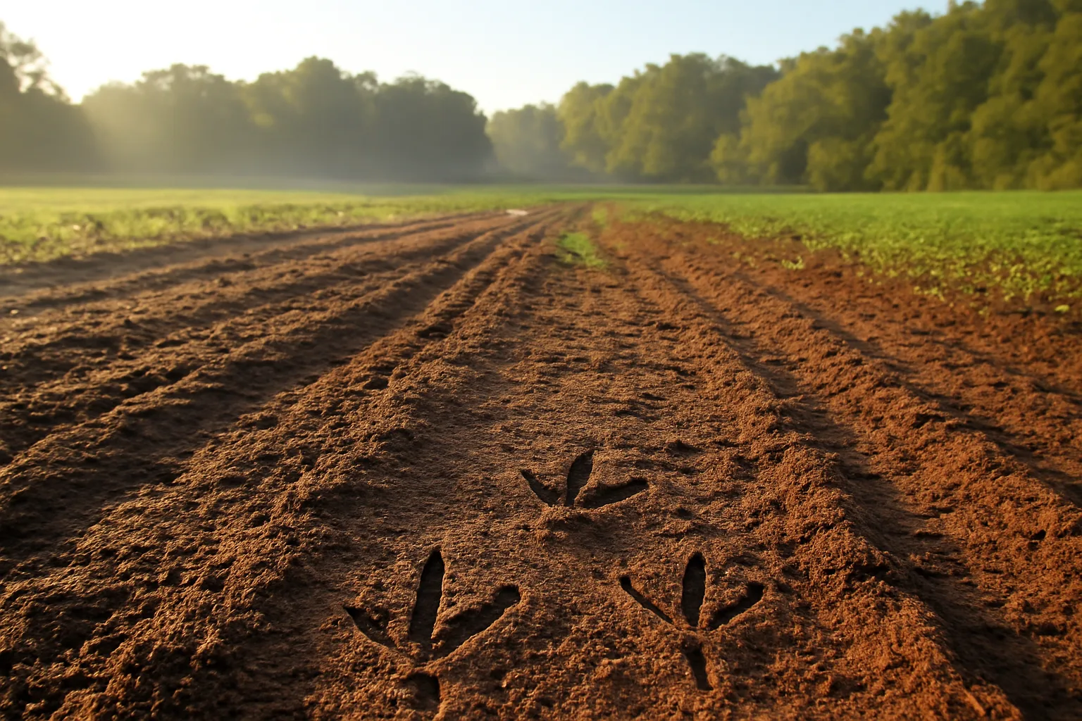 Wild turkey tracks in freshly tilled soil at the edge of a food plot