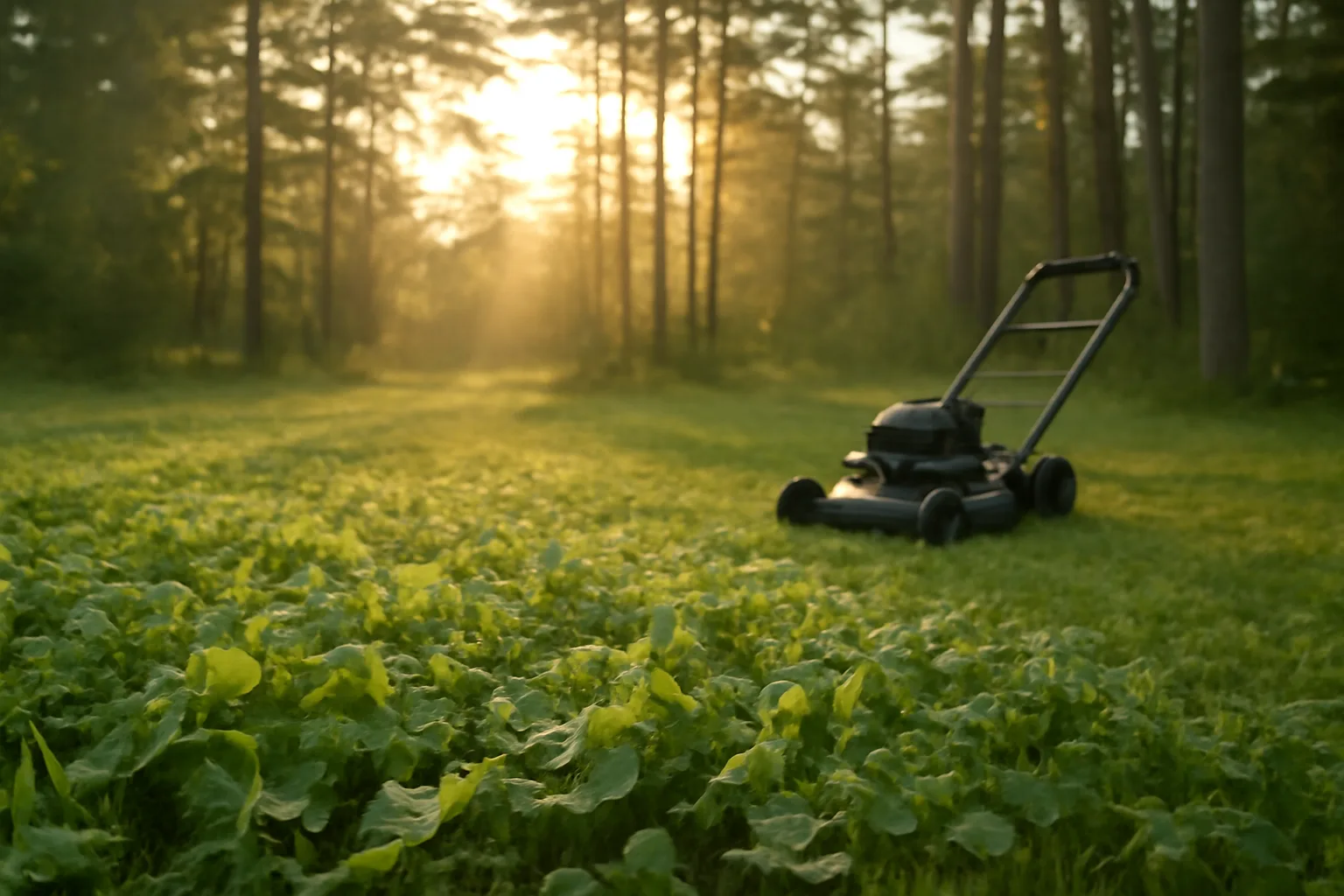 Mowed clover food plot bordered by trees in early morning light