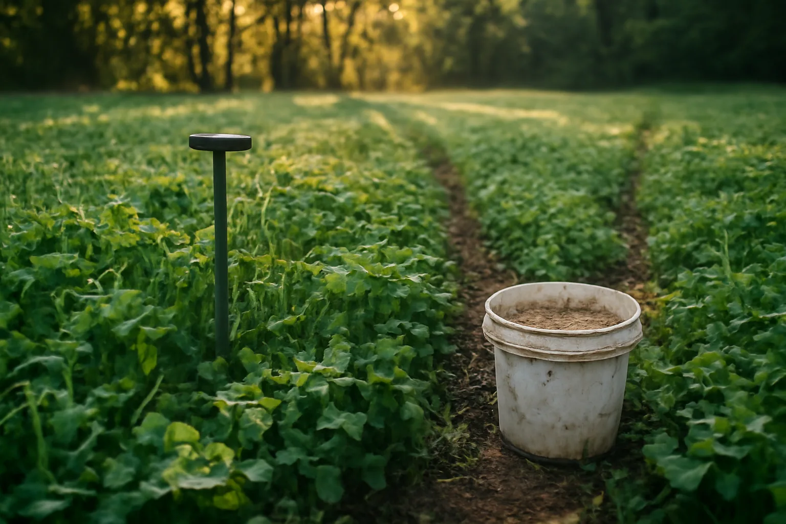 Dew-covered clover and oat food plot at sunrise with seed bucket and soil probe on the ground