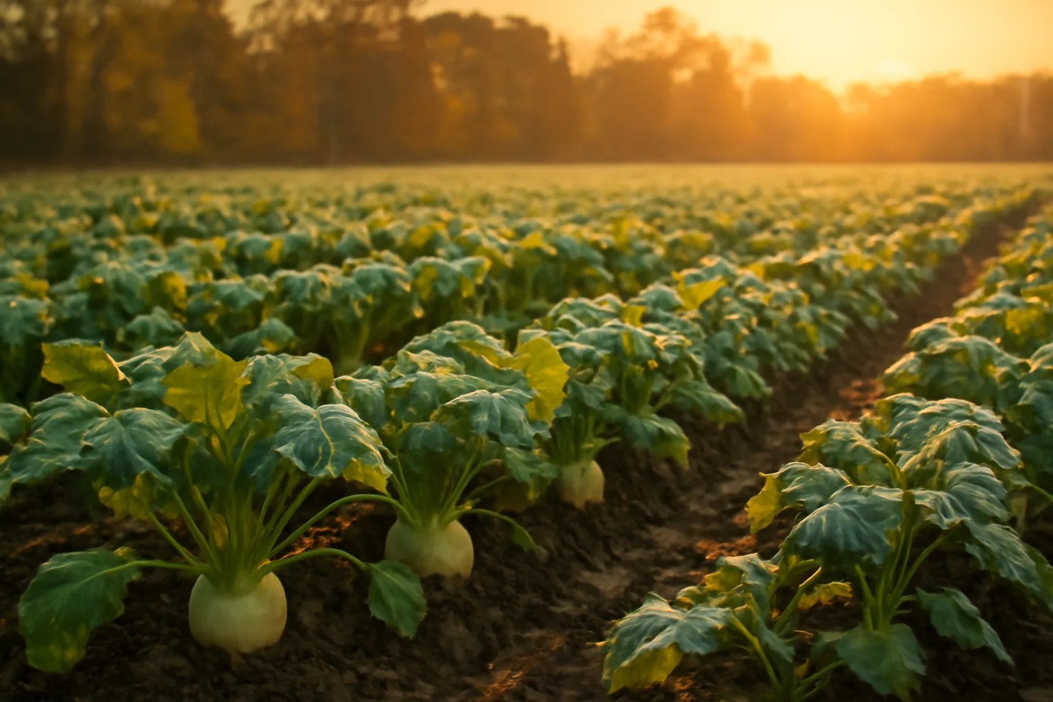 Frost-covered brassica food plot rows in a fall field at sunrise