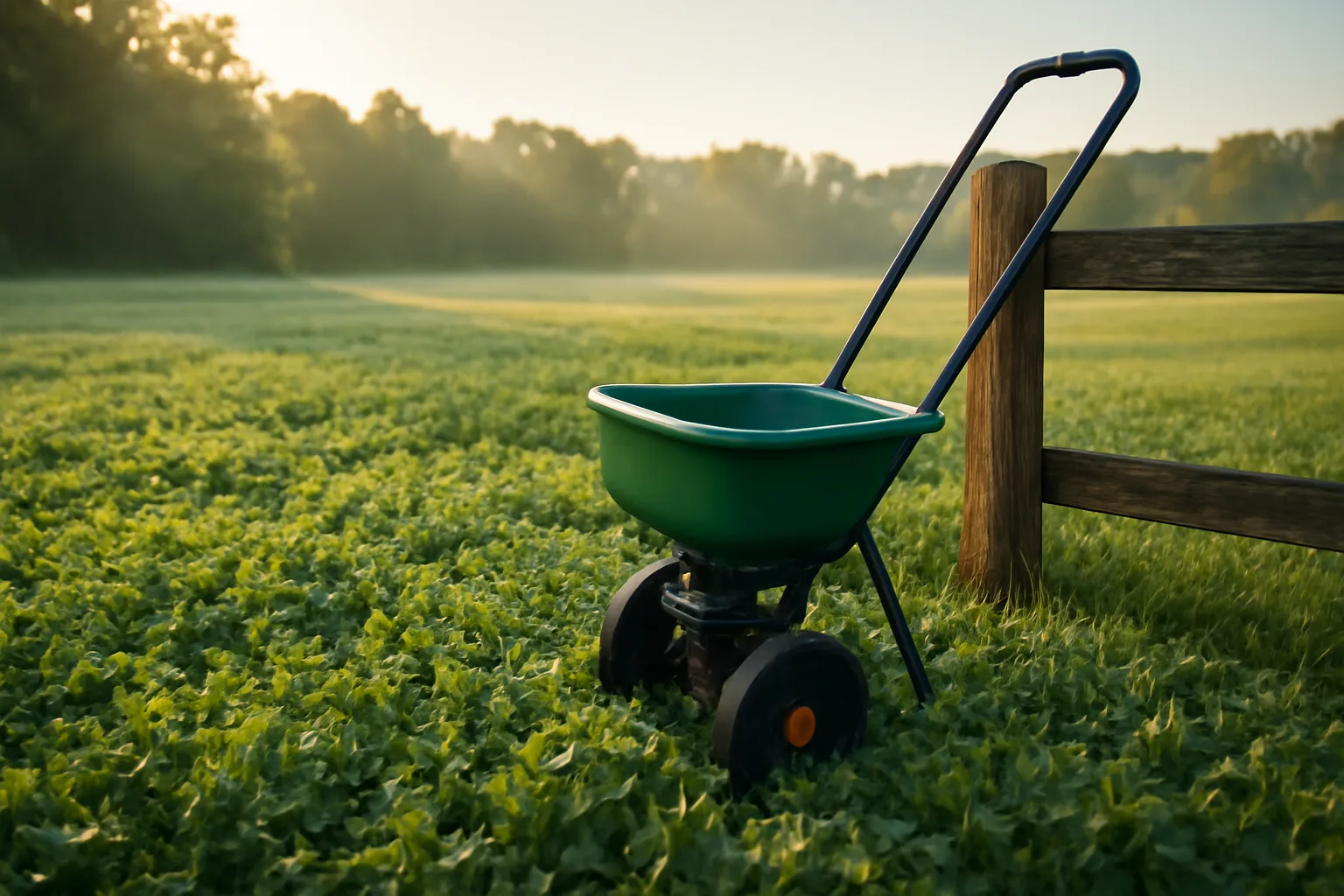 Dew-covered clover food plot at sunrise with a broadcast spreader beside a fence post