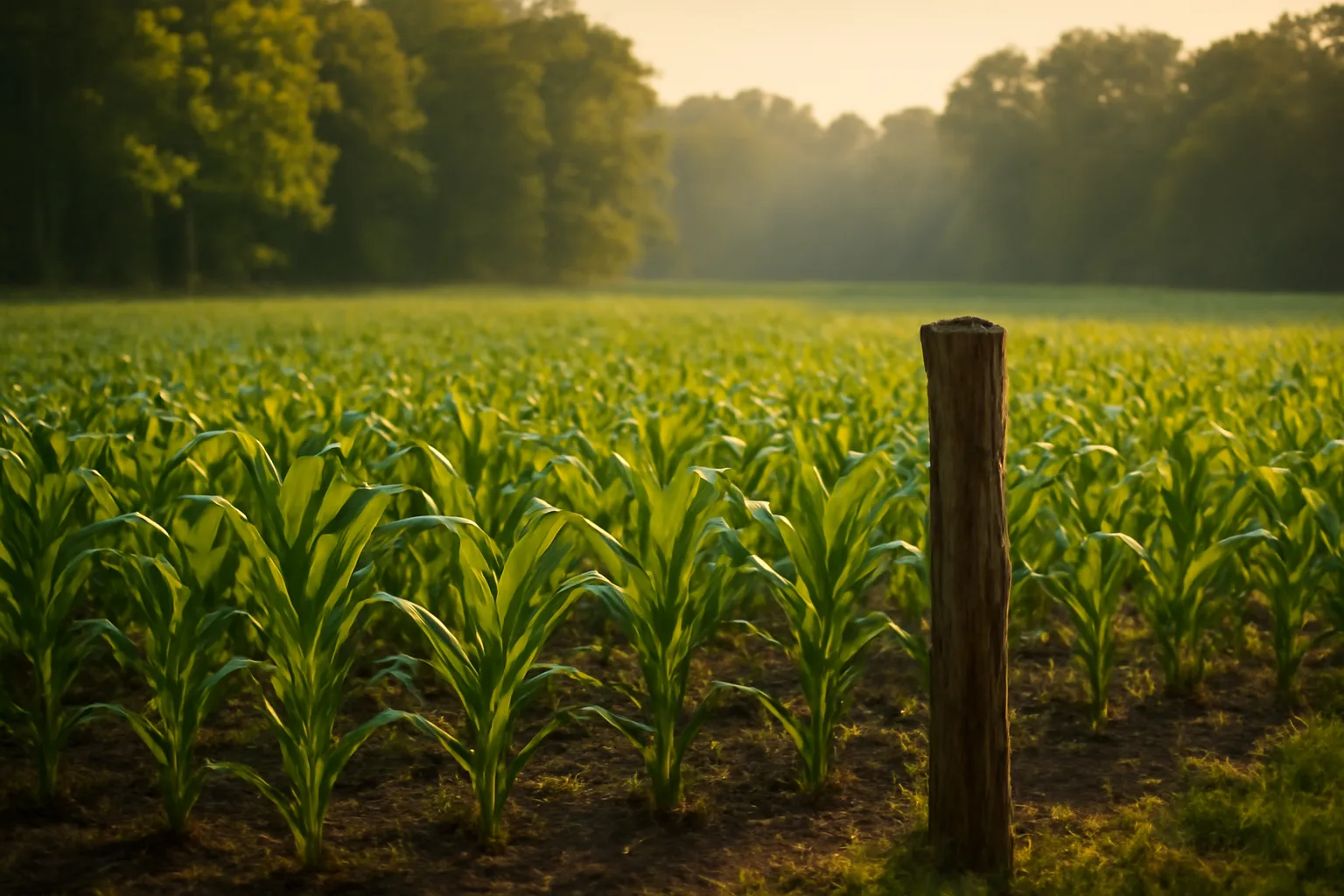 Rows of young corn growing in a deer food plot clearing at dusk