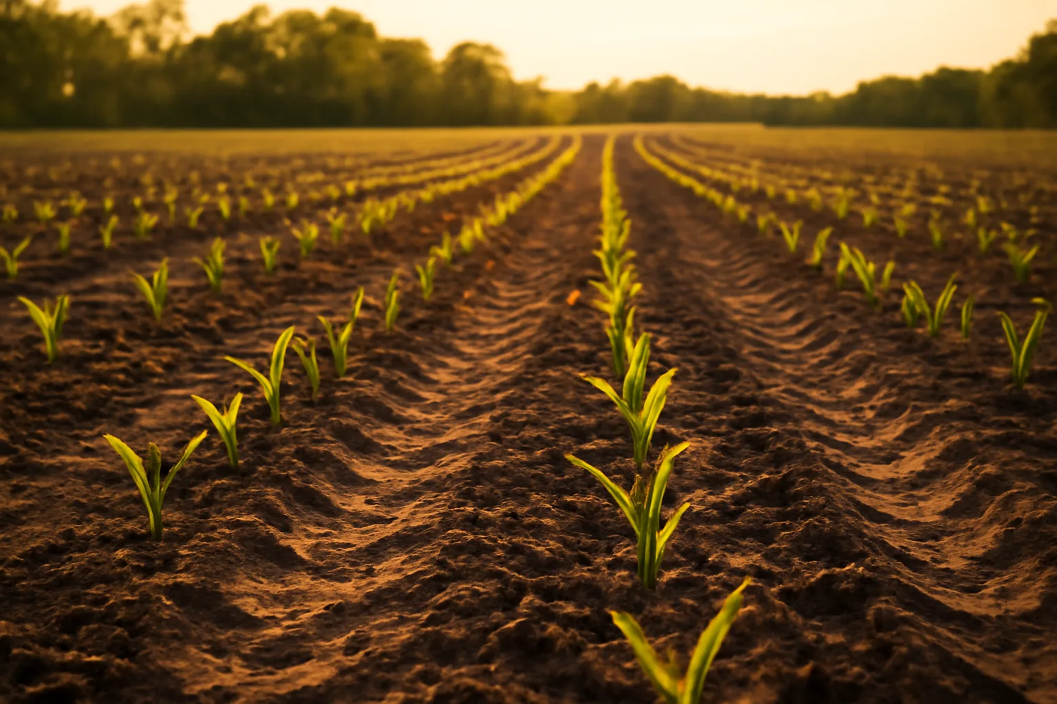 Rows of young corn seedlings emerging in a freshly disked food plot field